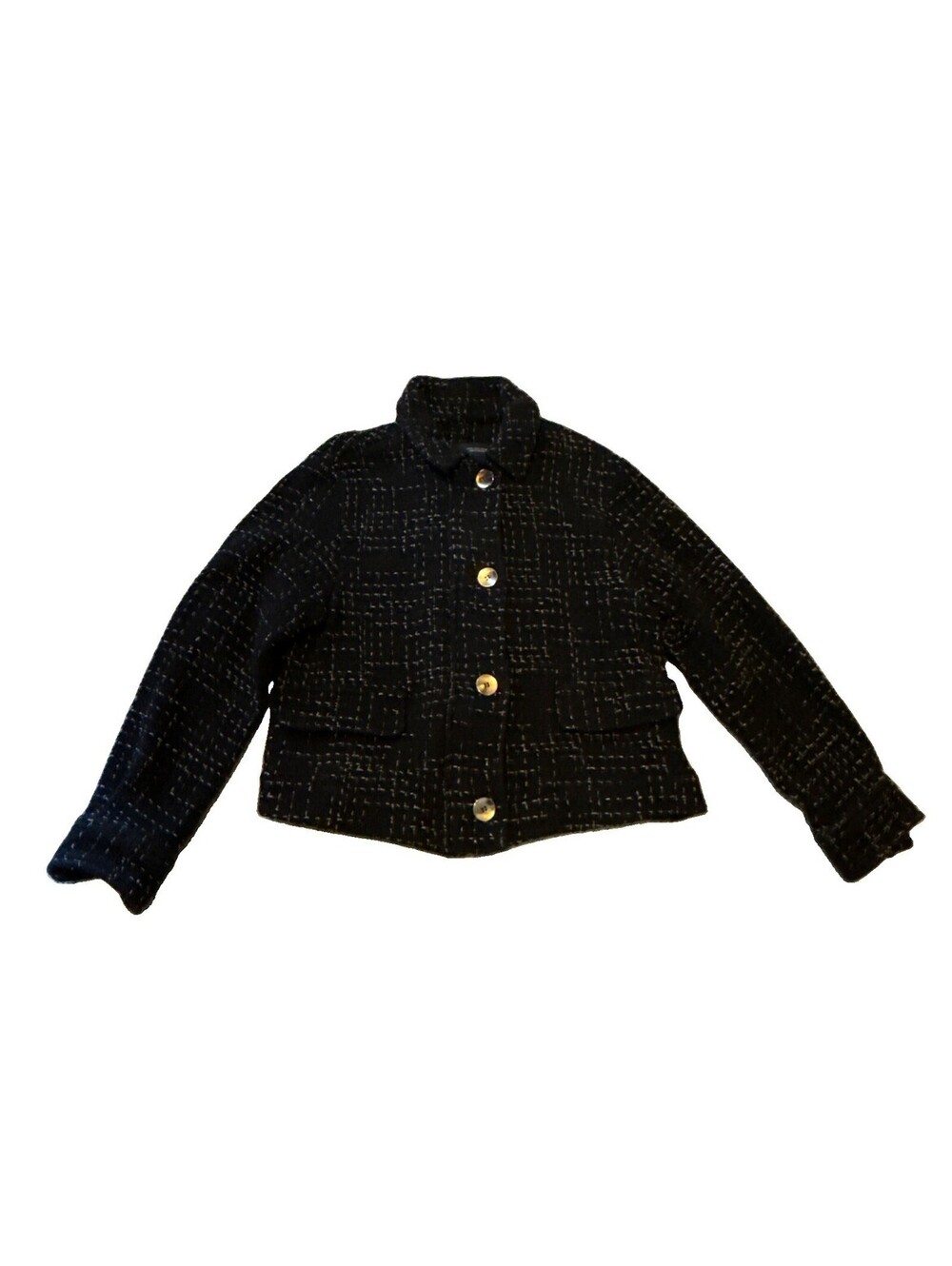 Zara Structured Tweed Black Long Sleeve Jacket Silver Metal Buttons EUC Size S